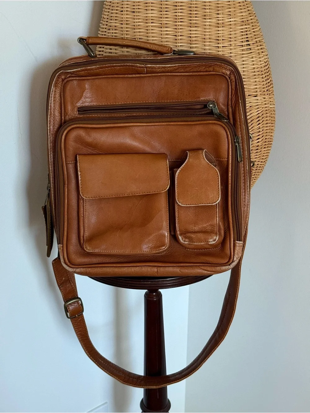 Collectible Orvis Tan Leather Messenger Bag with Front Pockets- made in Columbia